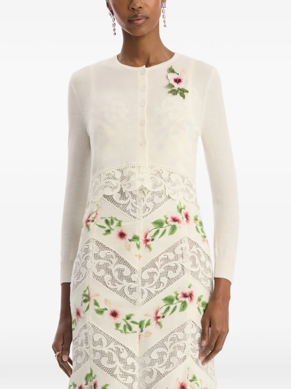 Oscar de la Renta Chiné cropped vest met hibiscus-detail Beige