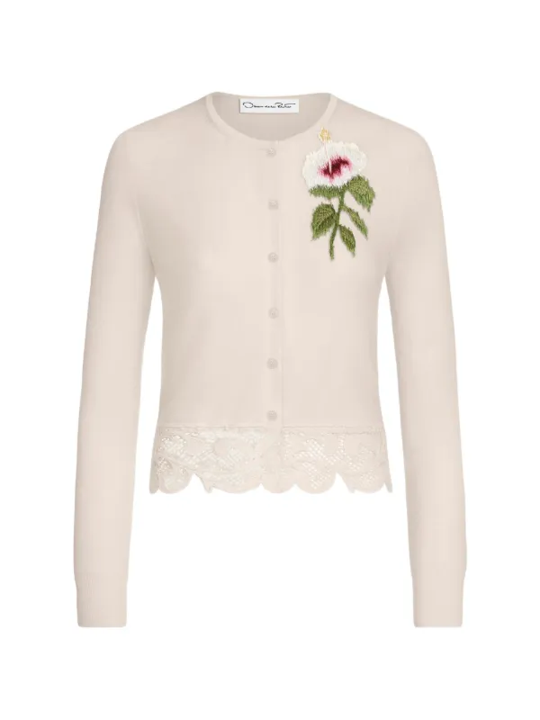 Oscar de la Renta Chiné Hibiscus Threadwork Cropped Cardigan in Neutrals