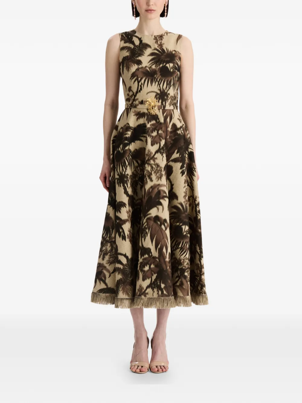 Oscar de la Renta Chiné jurk met palmbladeren Beige