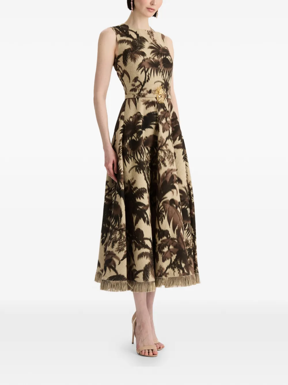 Oscar de la Renta Chiné jurk met palmbladeren Beige
