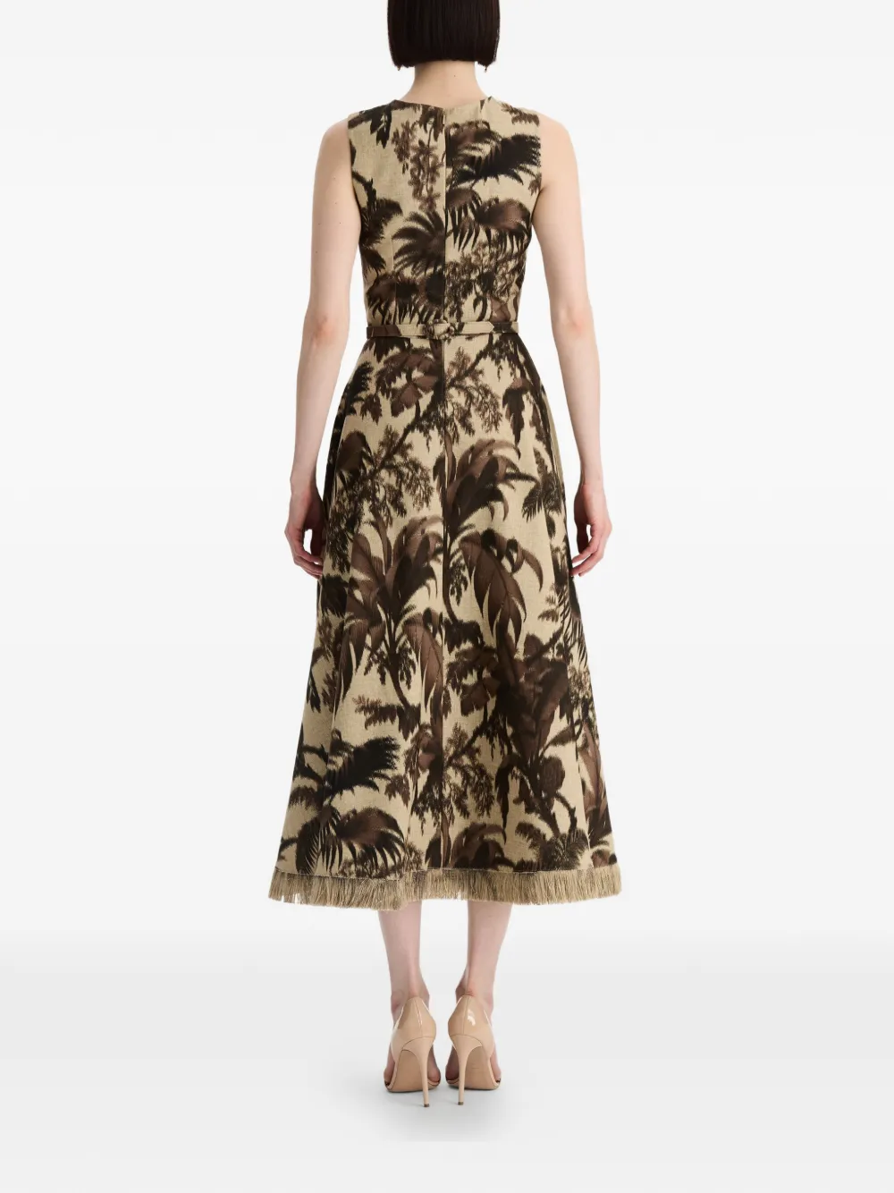 Oscar de la Renta Chiné jurk met palmbladeren Beige