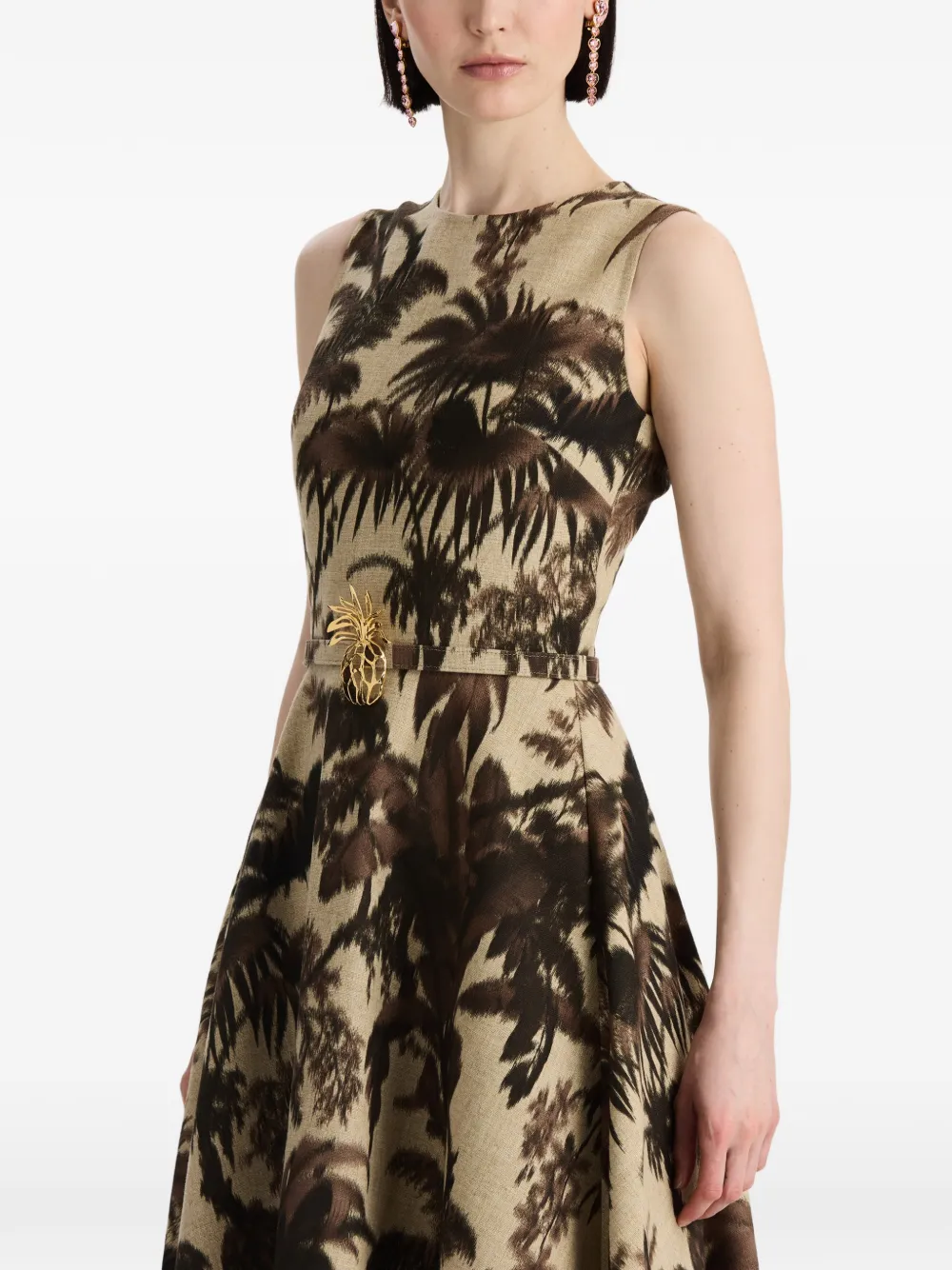 Oscar de la Renta Chiné jurk met palmbladeren Beige