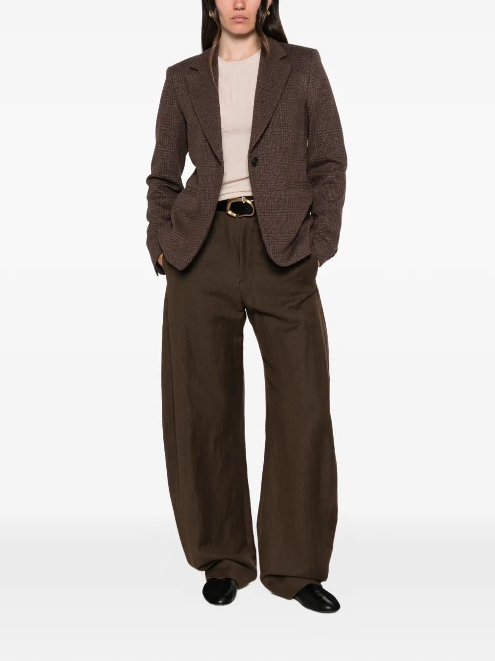 Max Mara Geruite blazer met enkele rij knopen Bruin