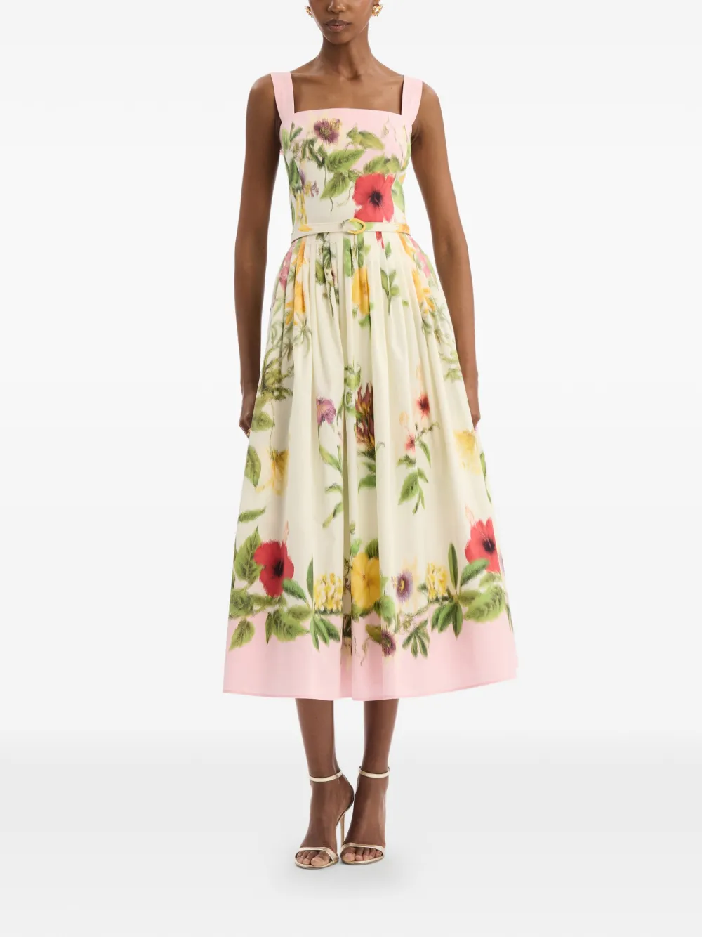 Oscar de la Renta Katoenen popeline jurk met bloemendetails Beige