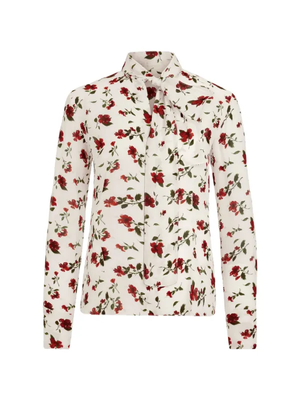 Oscar de la Renta Hibiscus Silk Chiffon Blouse in White