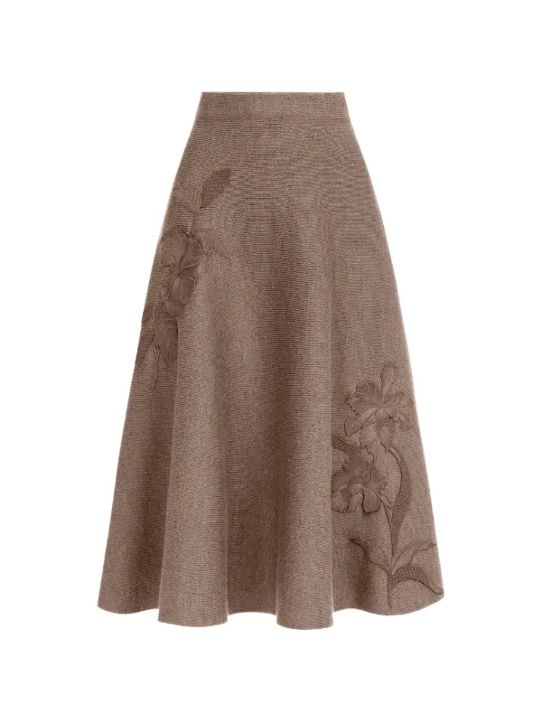 Oscar de la Renta Hibiscus-embroidered Knit Skirt in Brown