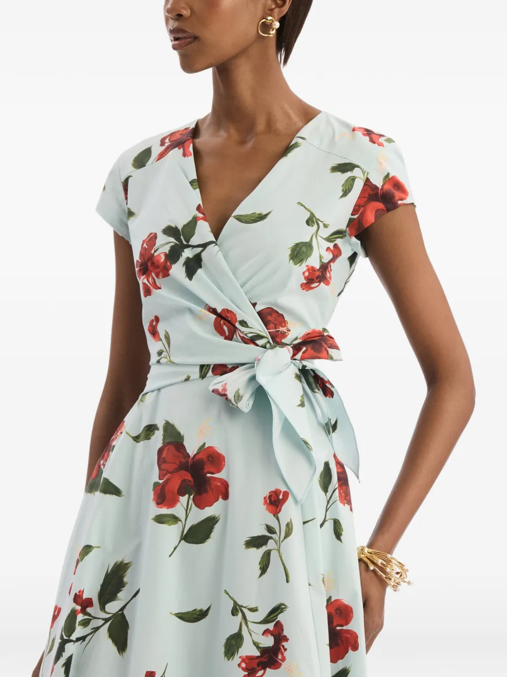Oscar de la Renta Popeline katoenen wikkeljurk met hibiscus-detail Blauw