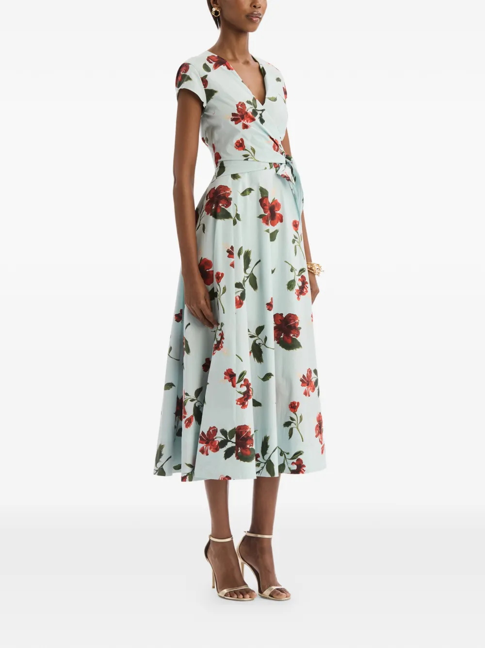 Oscar de la Renta Popeline katoenen wikkeljurk met hibiscus-detail Blauw