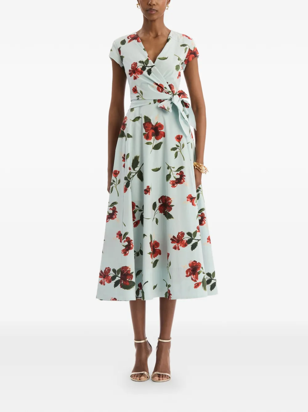 Oscar de la Renta Popeline katoenen wikkeljurk met hibiscus-detail Blauw