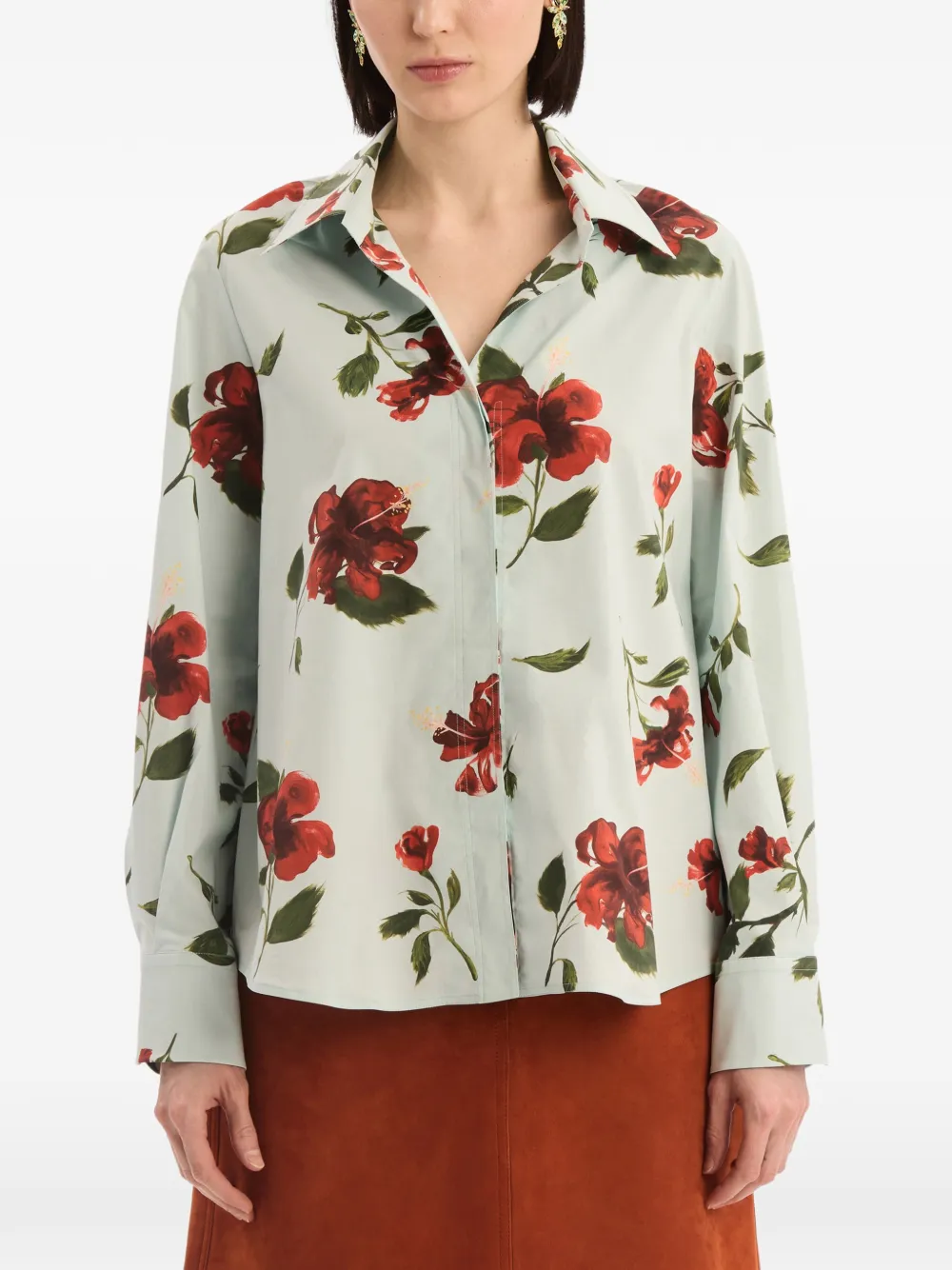 Oscar de la Renta Popeline katoenen blouse met hibiscus-detail Blauw