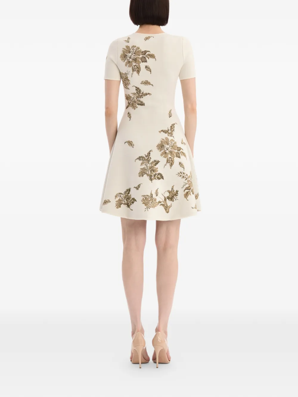 Oscar de la Renta Jurk met metallic jacquard en hibiscus-detail Beige