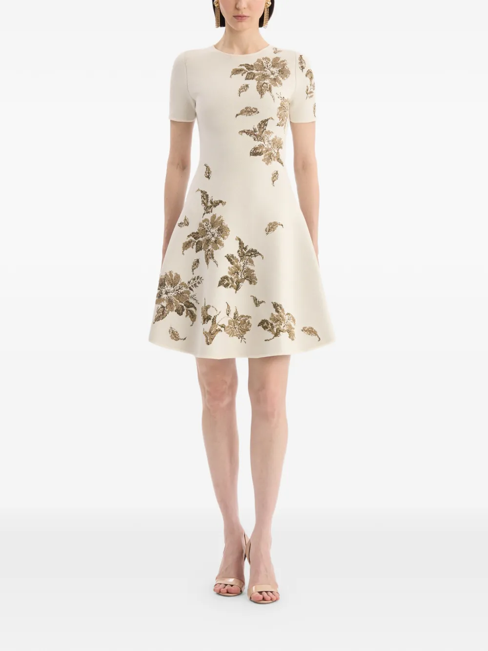 Oscar de la Renta Jurk met metallic jacquard en hibiscus-detail Beige