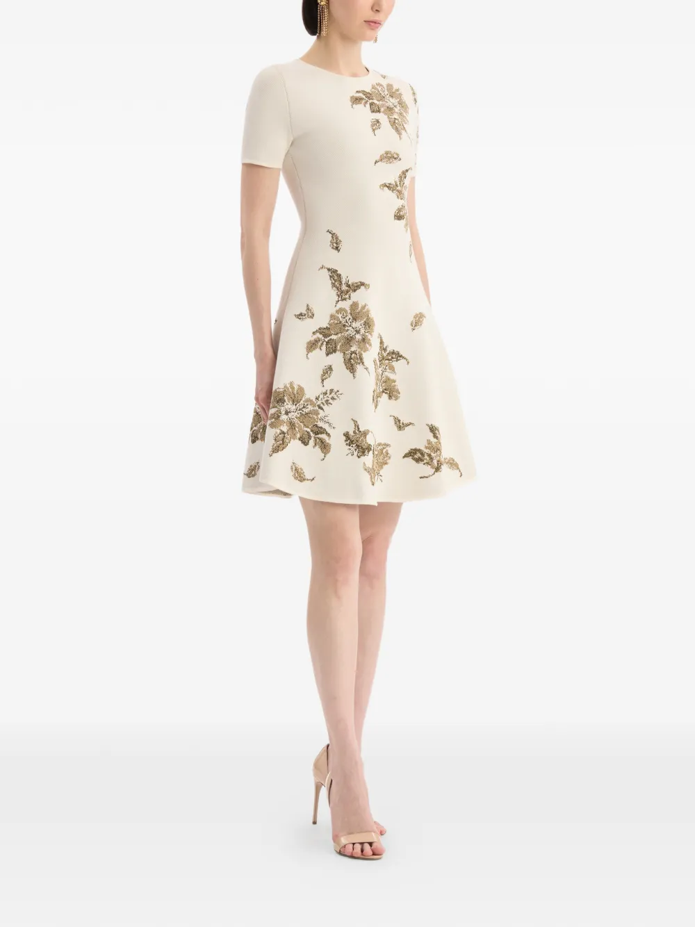 Oscar de la Renta Jurk met metallic jacquard en hibiscus-detail Beige