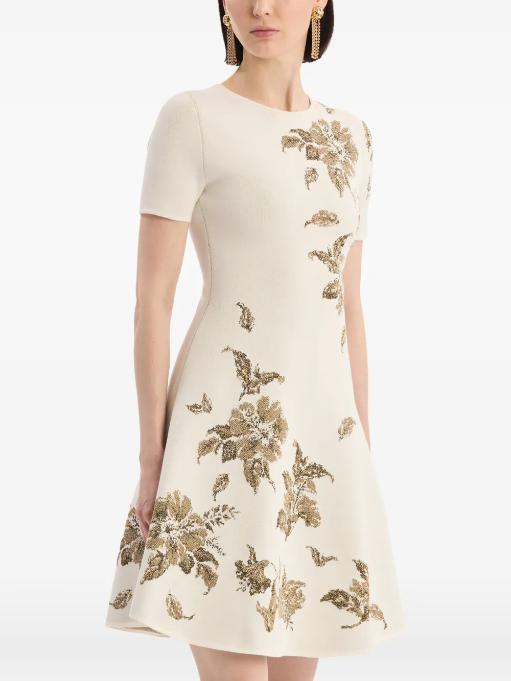 Oscar de la Renta Jurk met metallic jacquard en hibiscus-detail Beige