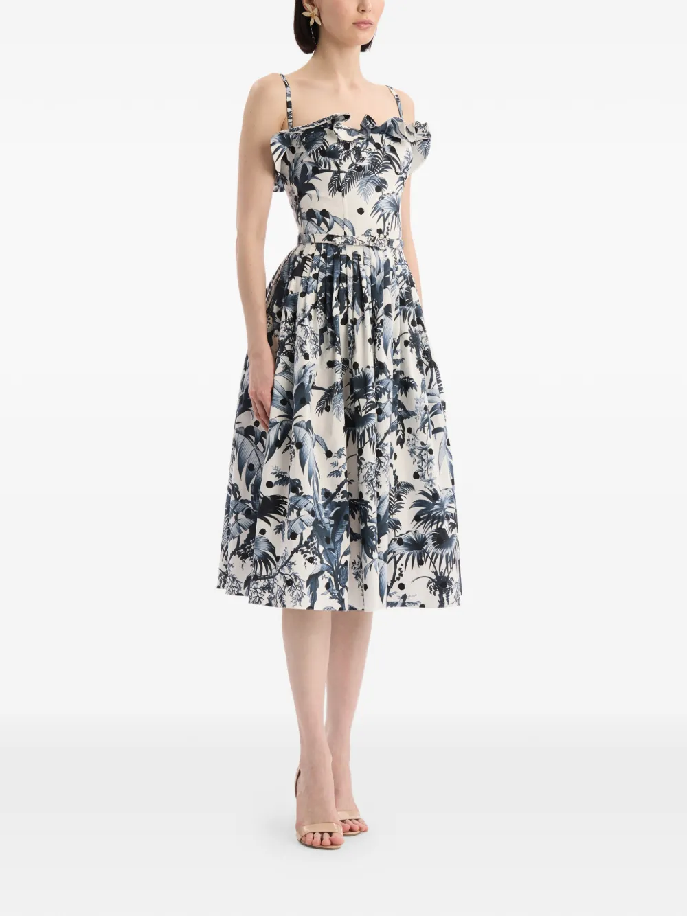 Oscar de la Renta Popeline mouwloze jurk met palmbladeren en stippen Beige