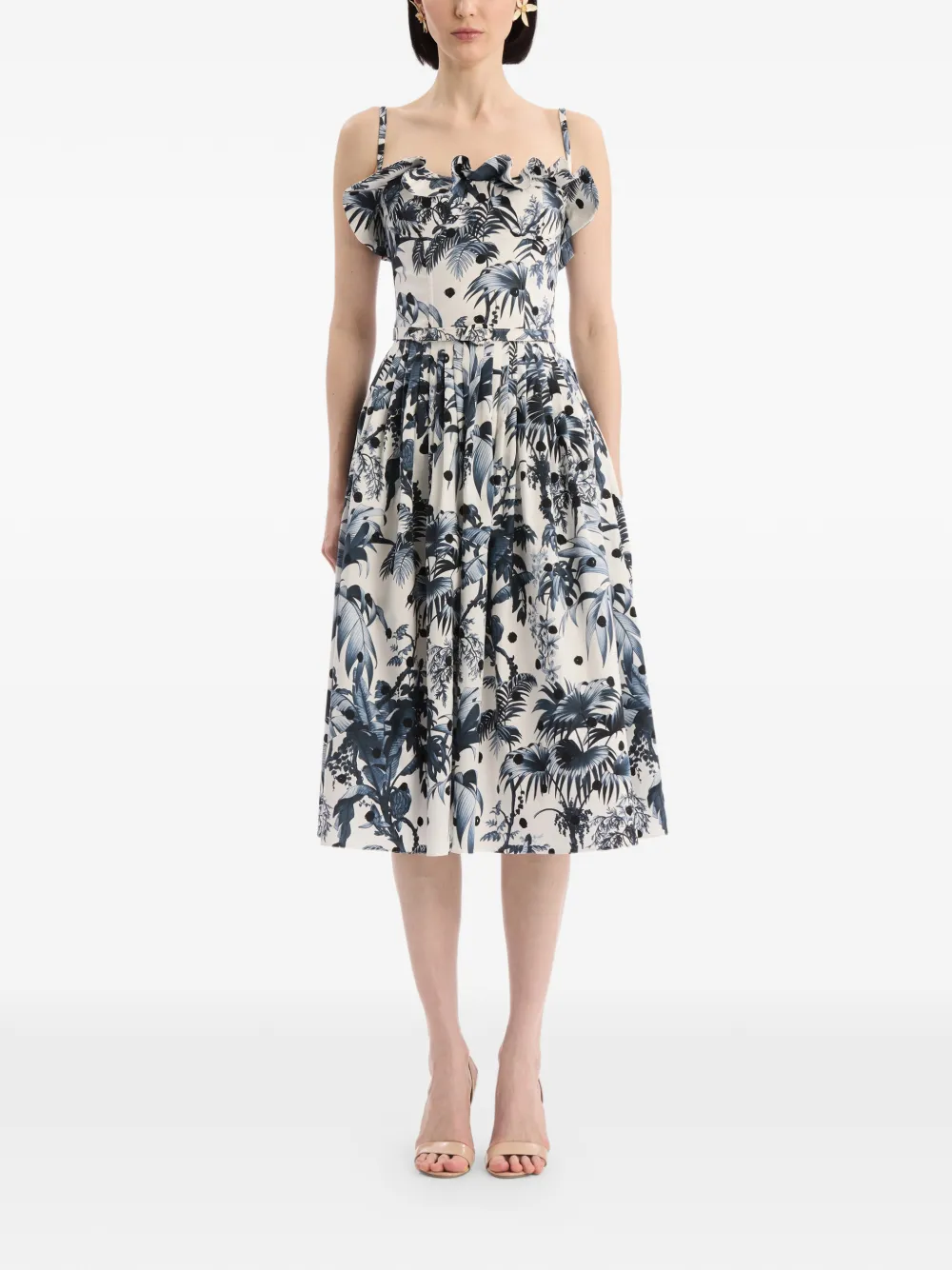Oscar de la Renta Popeline mouwloze jurk met palmbladeren en stippen Beige