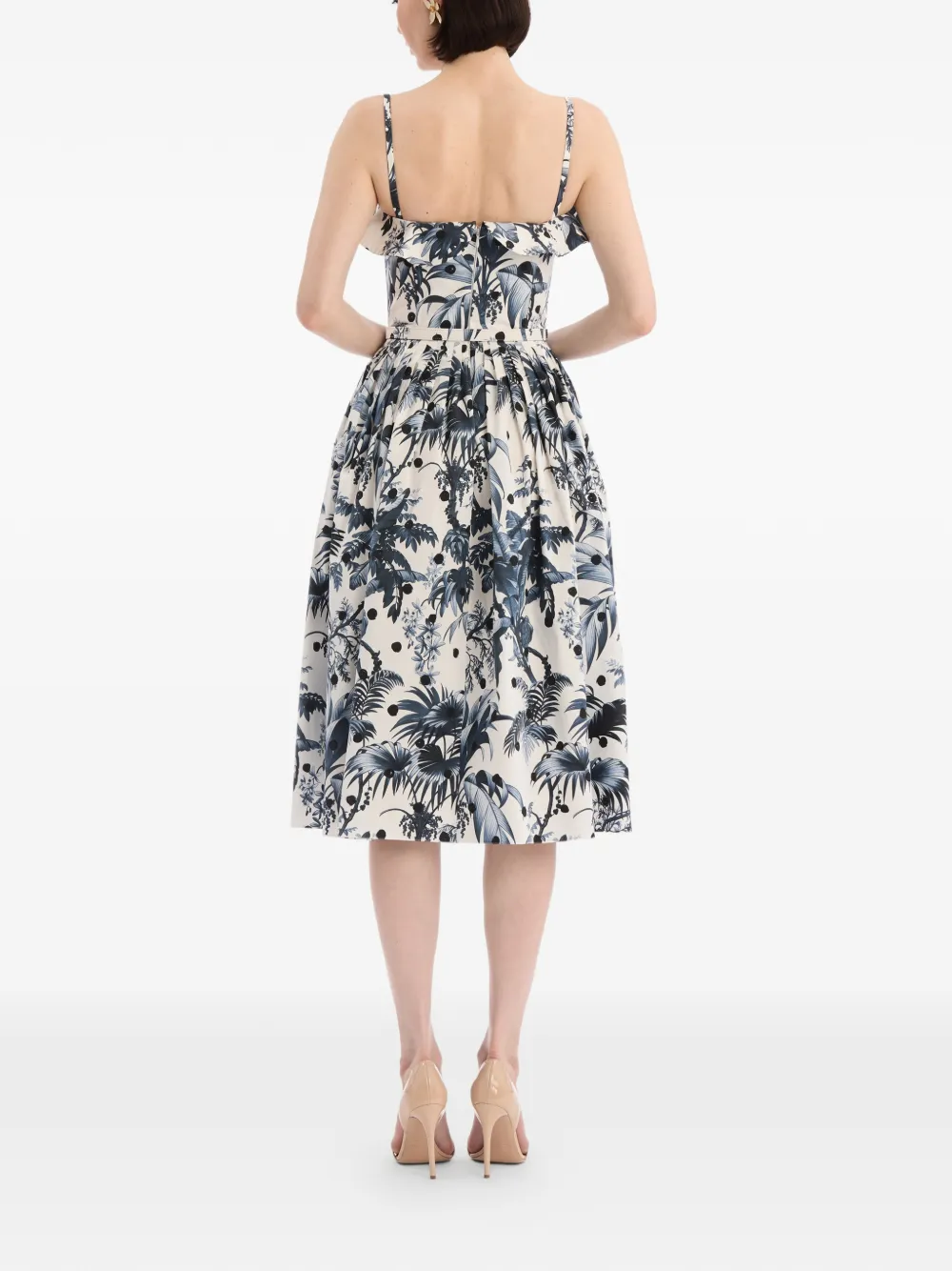Oscar de la Renta Popeline mouwloze jurk met palmbladeren en stippen Beige