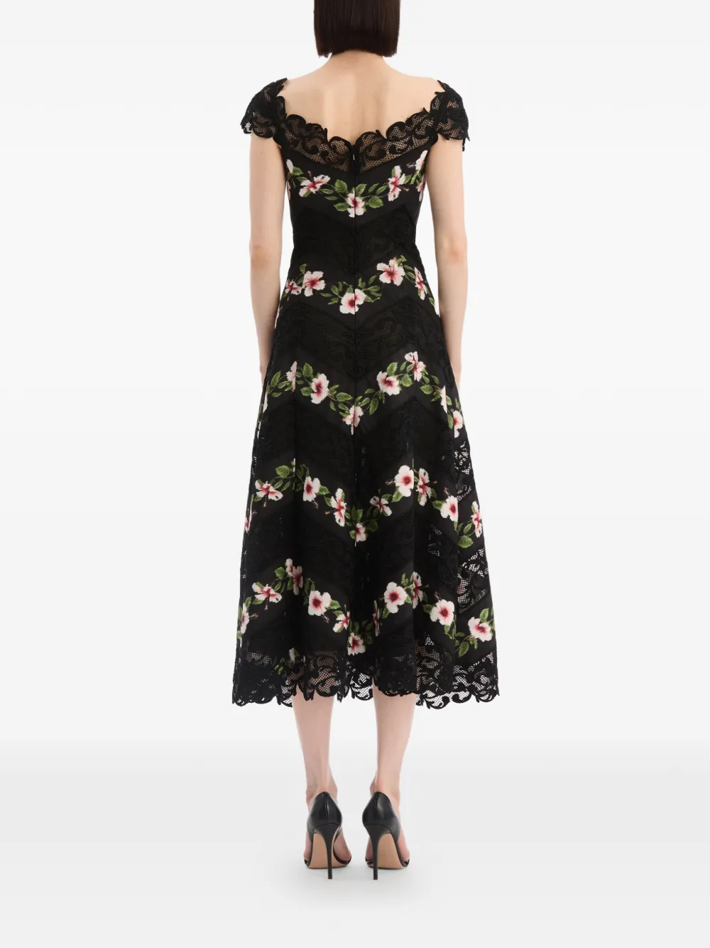 Oscar de la Renta Chiné gestreepte faille midi-jurk met hibiscus-detail Zwart