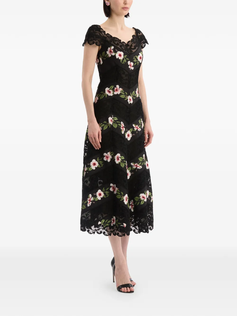 Oscar de la Renta Chiné gestreepte faille midi-jurk met hibiscus-detail Zwart