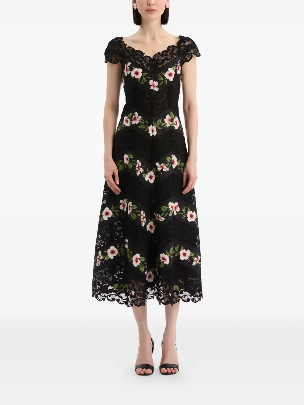 Oscar de la Renta Chiné gestreepte faille midi-jurk met hibiscus-detail Zwart