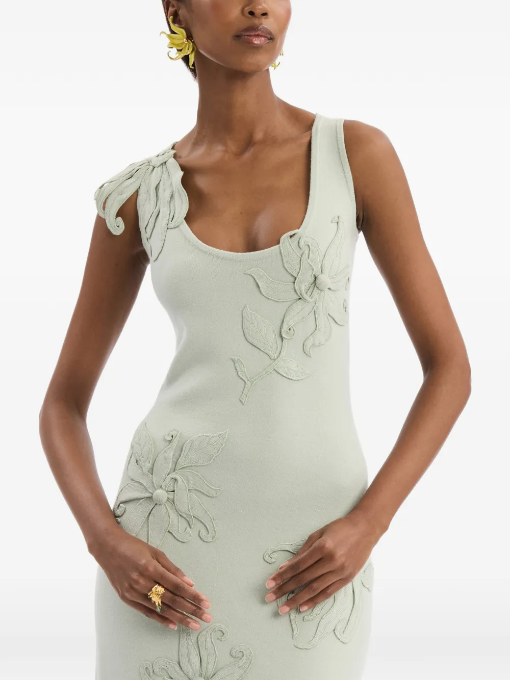 Oscar de la Renta Gebreide kokerjurk met geborduurde hibiscus Groen