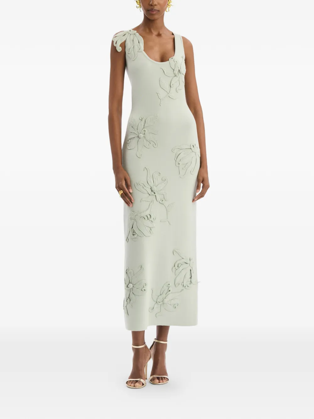 Oscar de la Renta Gebreide kokerjurk met geborduurde hibiscus Groen