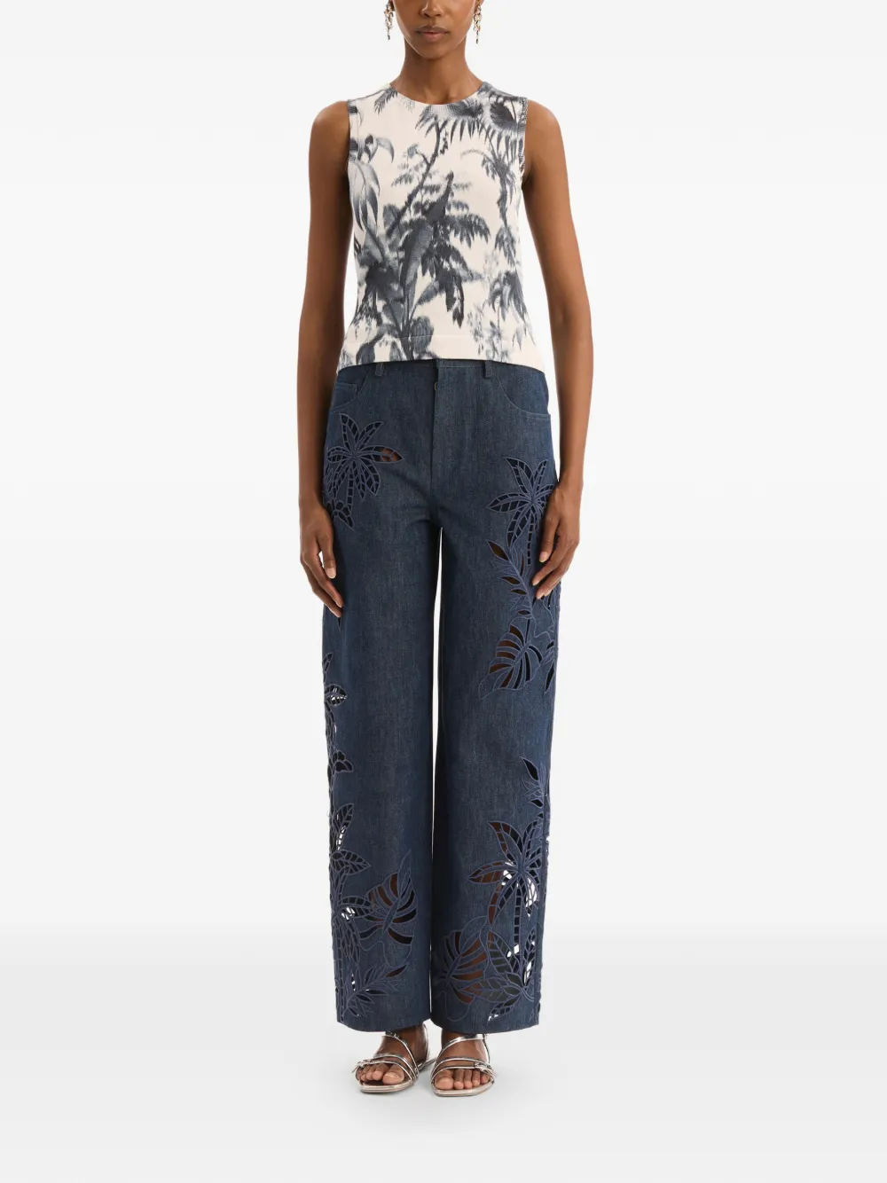 Oscar de la Renta Chiné tanktop met palmbladeren Beige
