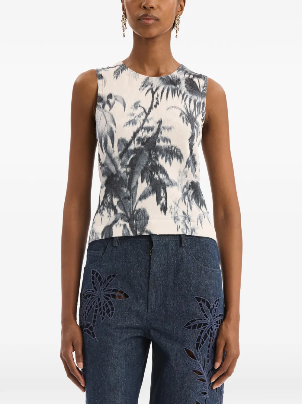 Oscar de la Renta Chiné tanktop met palmbladeren Beige