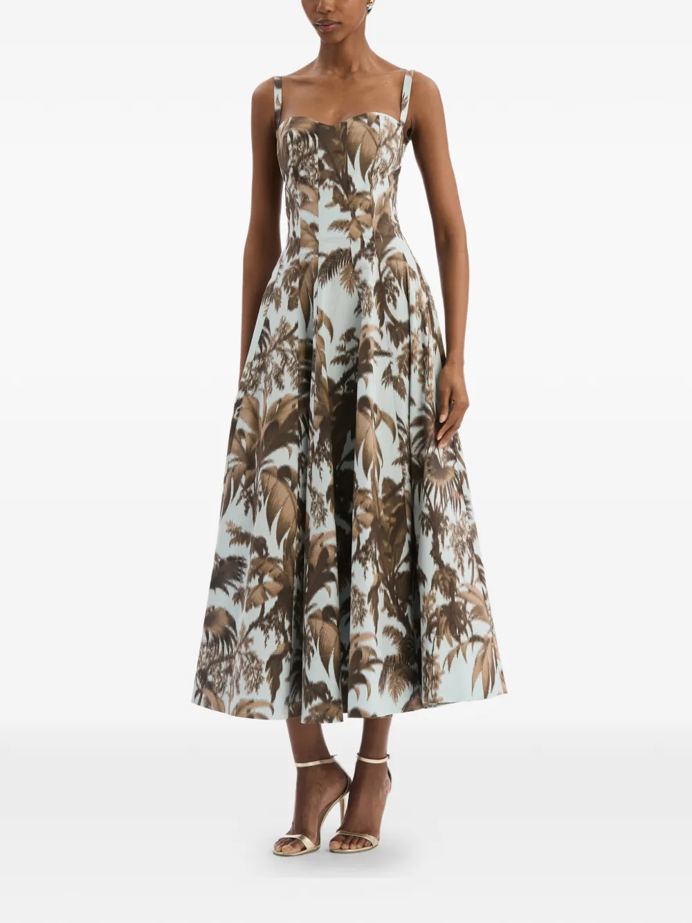 Oscar de la Renta Chiné katoenen popeline jurk met palmbladeren Blauw