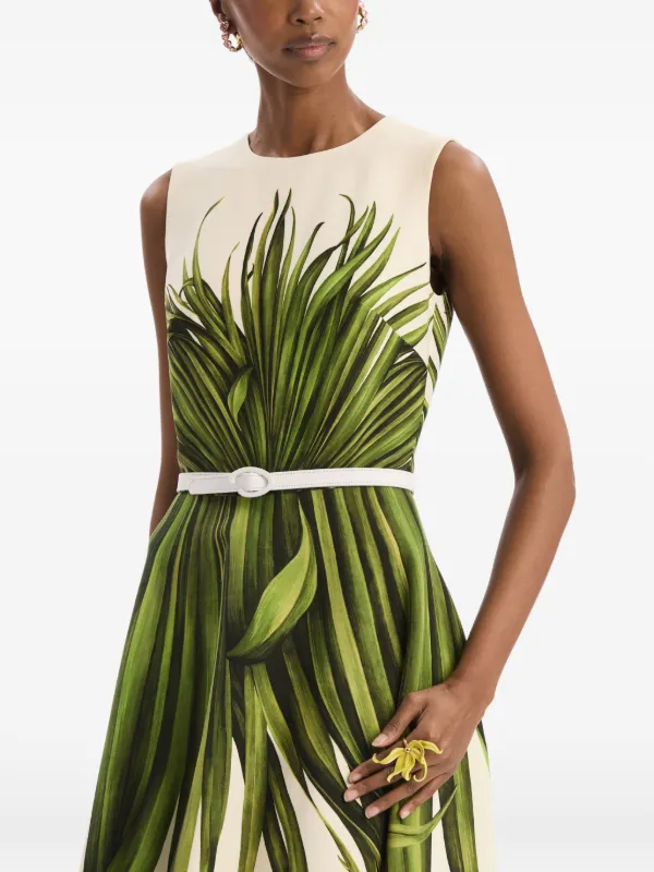 palm leaf bridesmaid dress Oscar de la Renta Leaves Cotton Poplin Midi-Dress - Green Ecru Size:US12 UK16