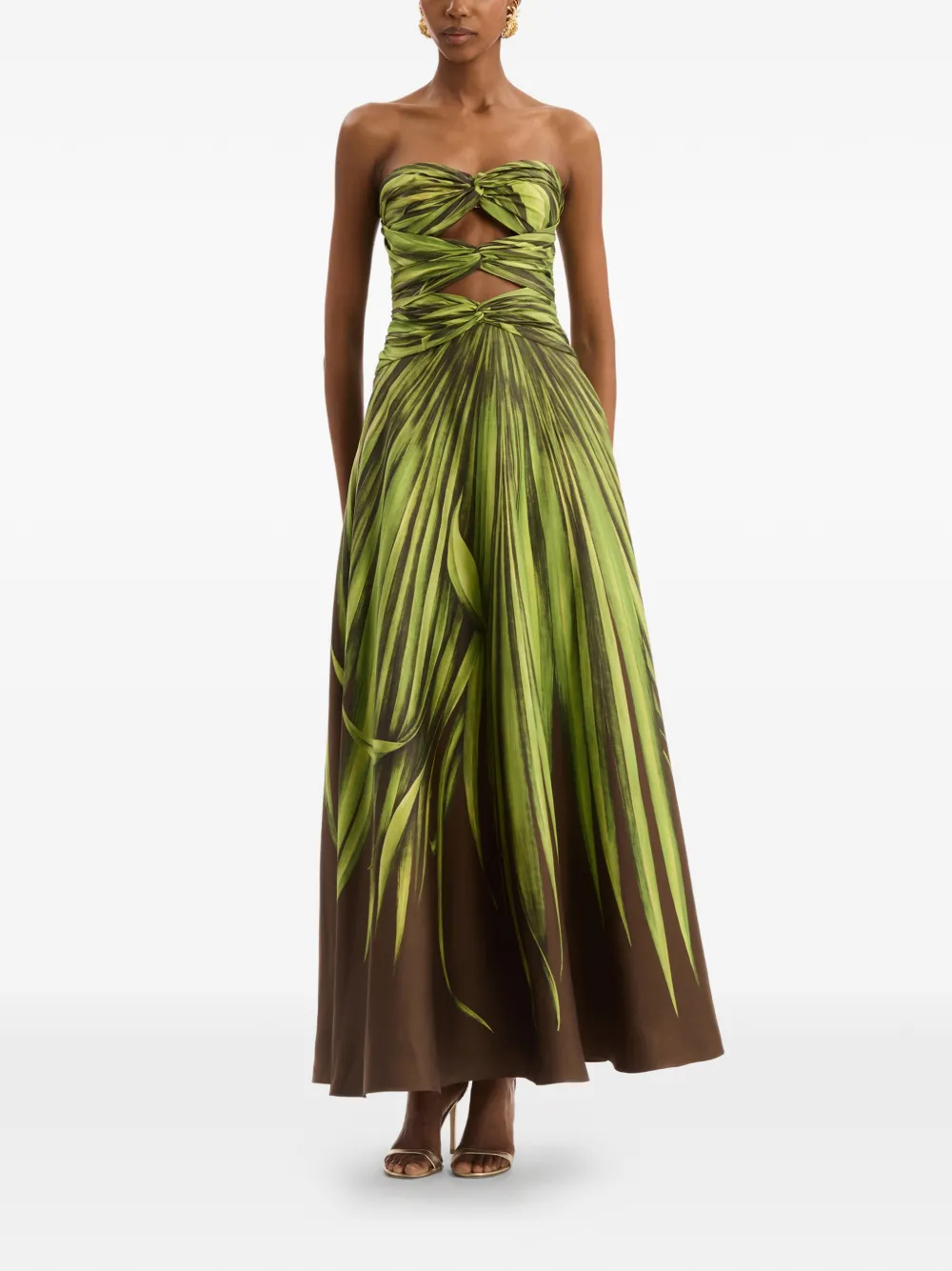 Oscar de la Renta Palm Leaves Silk Twill Cocktail Dress in Green, view 2