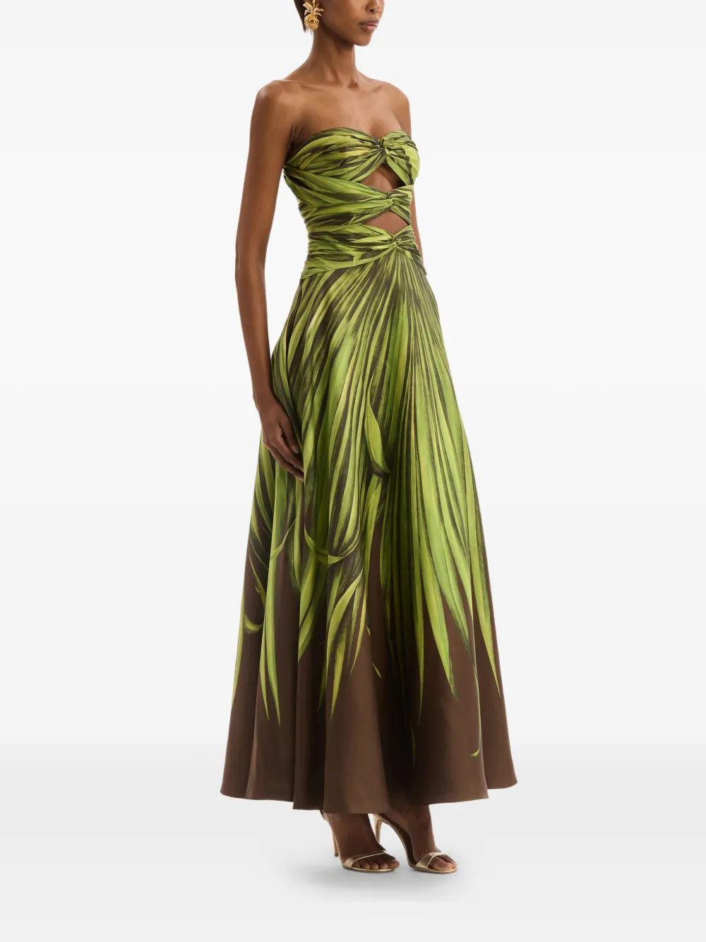 Oscar de la Renta Palm Leaves Silk Twill Cocktail Dress in Green, view 3
