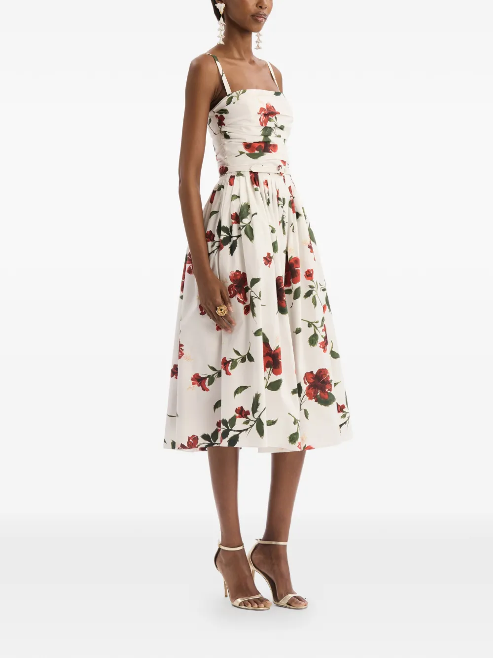 Oscar de la Renta Popeline katoenen jurk met hibiscus-detail Beige