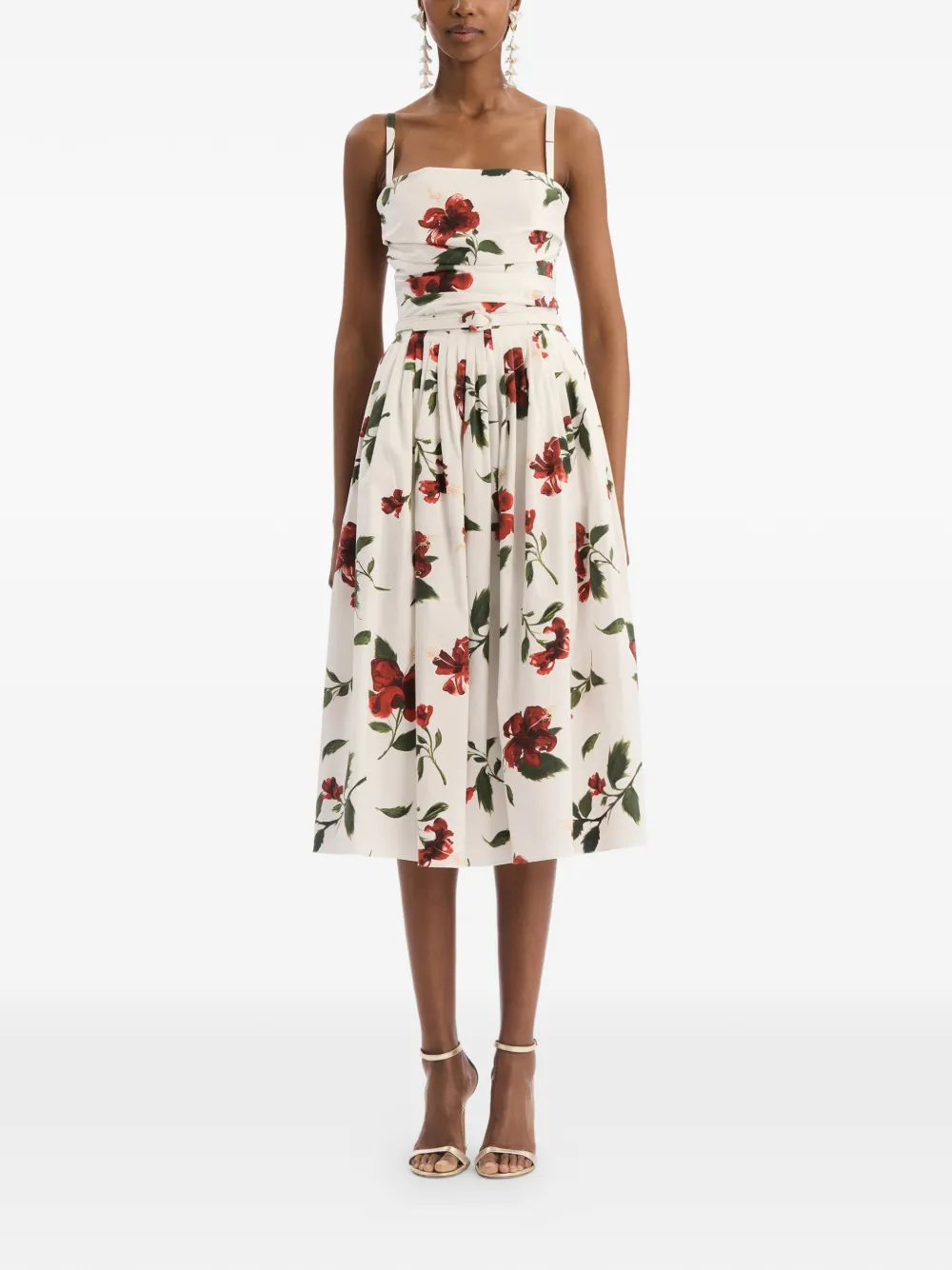 Oscar de la Renta Popeline katoenen jurk met hibiscus-detail Beige