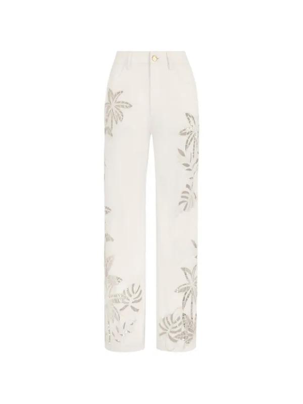 Oscar de la Renta Palm Leaves Cutout Denim Pant in White