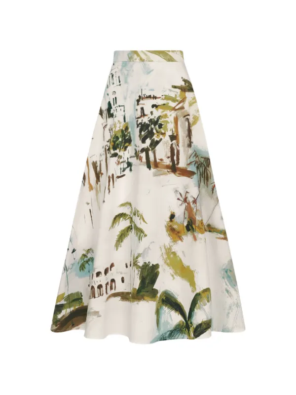 Oscar de la Renta Dominican Landscape Cotton Poplin Skirt in Neutrals