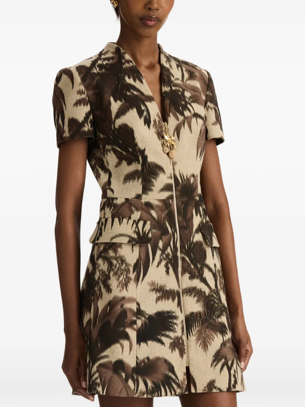 Oscar de la Renta Chiné tweed jurk met palmbladeren Beige