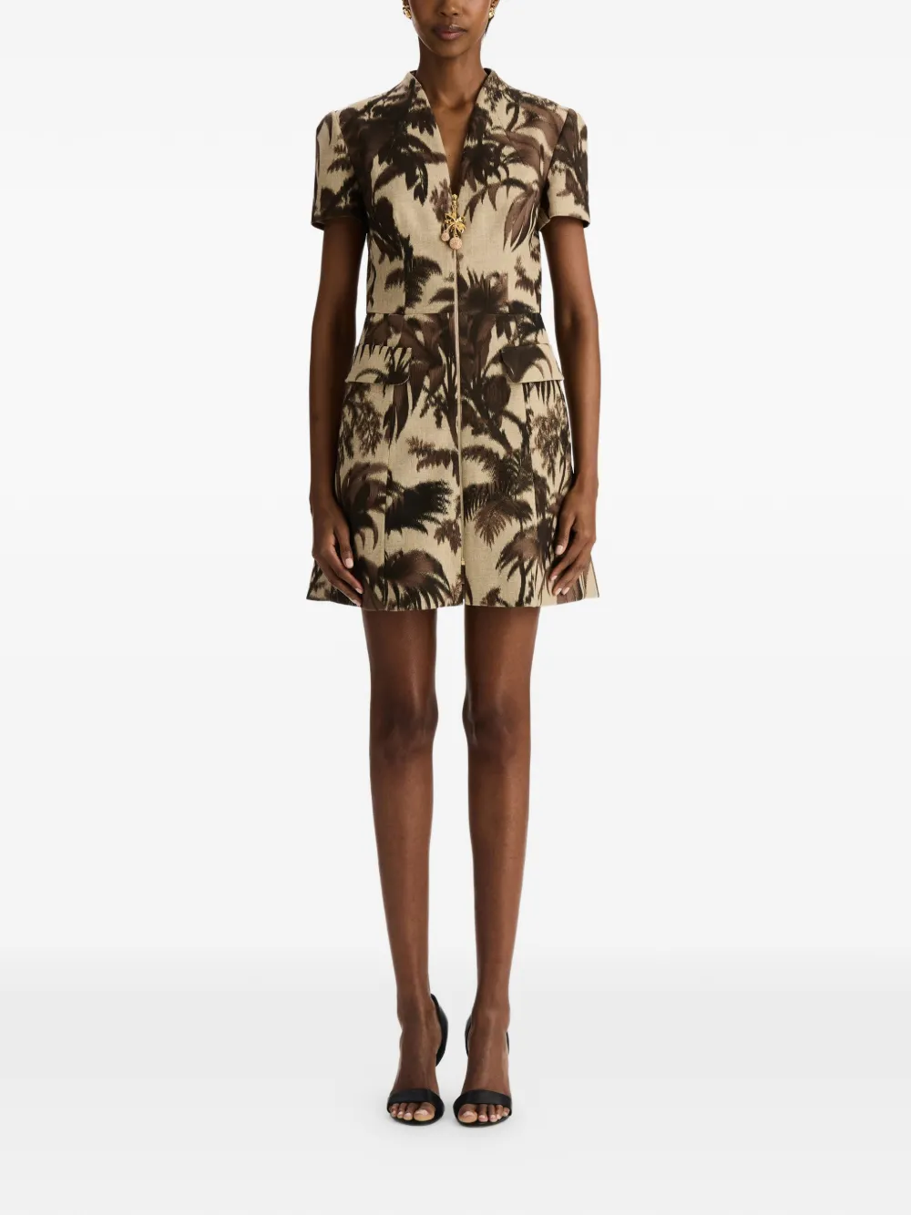 Oscar de la Renta Chiné tweed jurk met palmbladeren Beige
