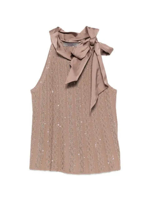 D.Exterior sequin-embellished bow-tie top
