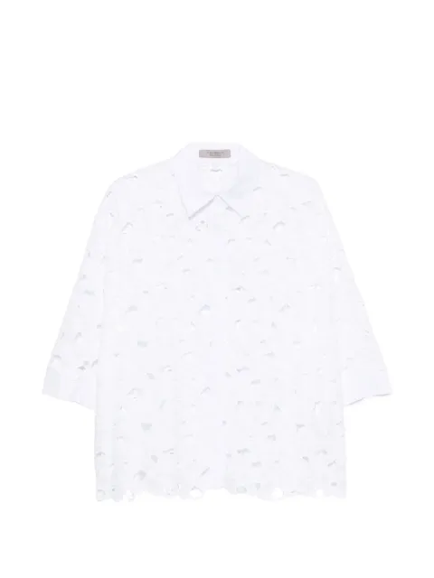 D.Exterior floral-cutout scalloped-hem shirt