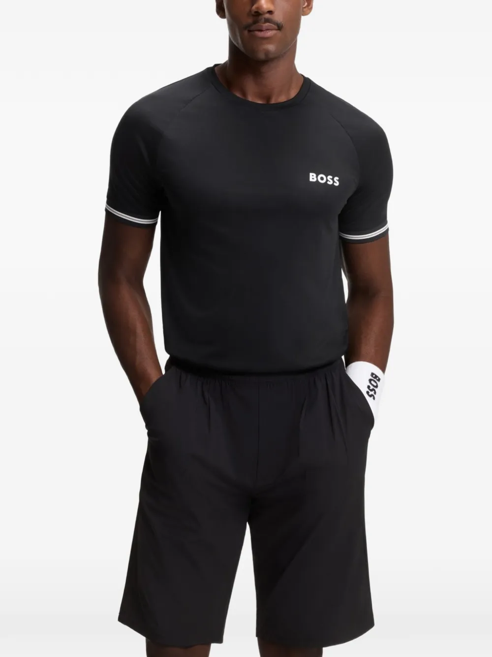 BOSS Active slim-fit T-shirt met tennisbal-reliëf Zwart
