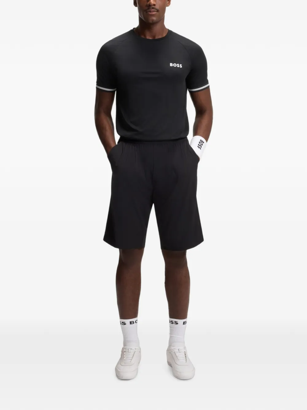BOSS Active slim-fit T-shirt met tennisbal-reliëf Zwart
