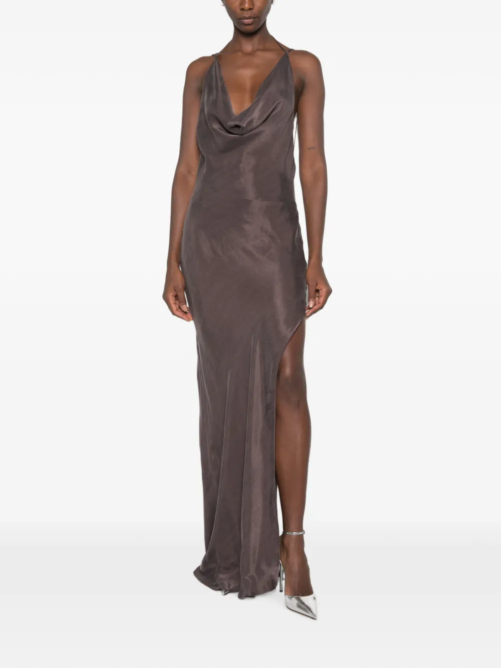 The Andamane Cowl-neck Backless Maxi Dress In Brown