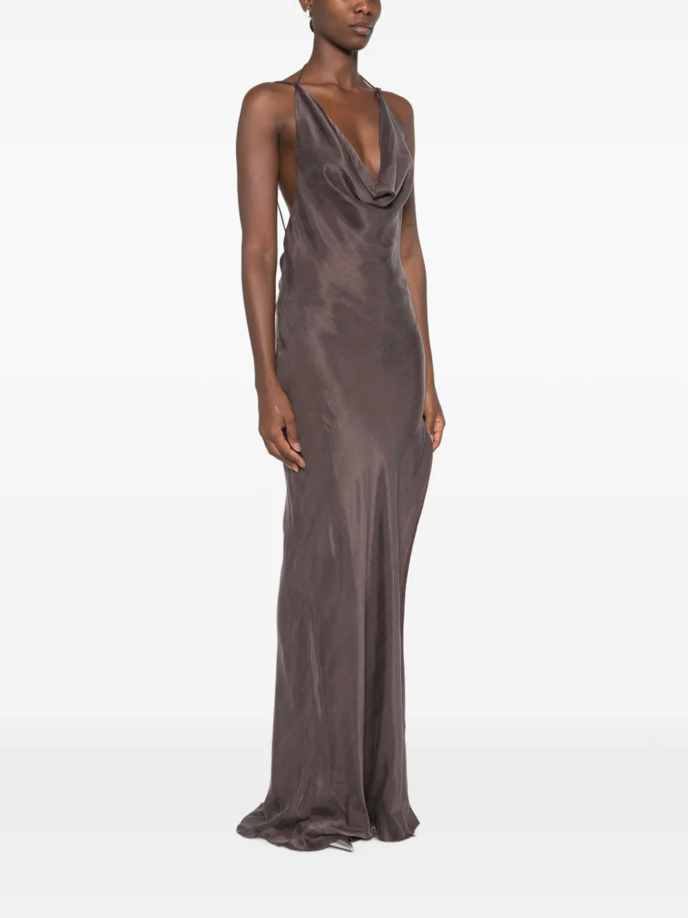 THE ANDAMANE Maxi-jurk met open rug en col Bruin