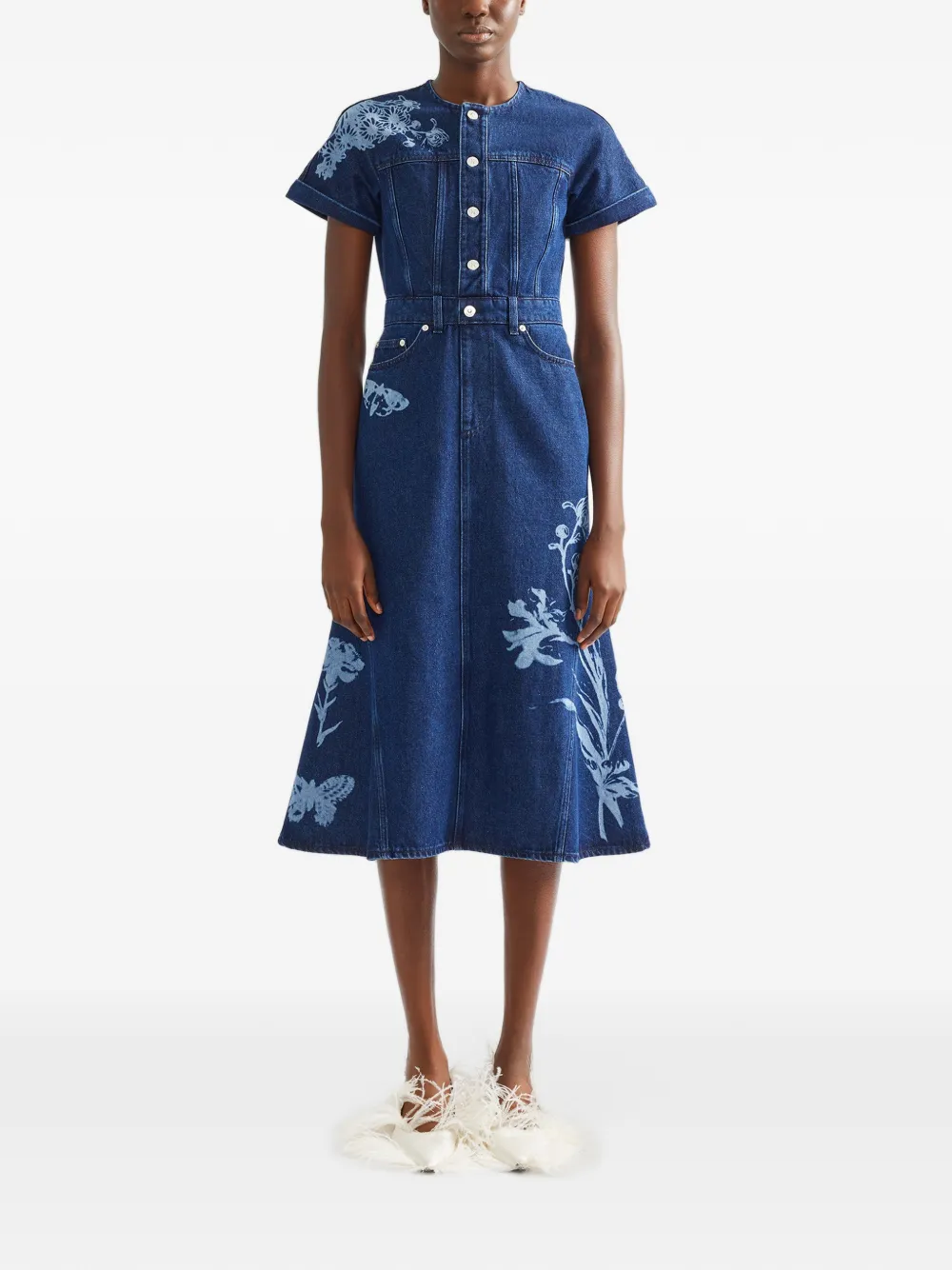 ERDEM floral-print short-sleeve midi dress Blauw