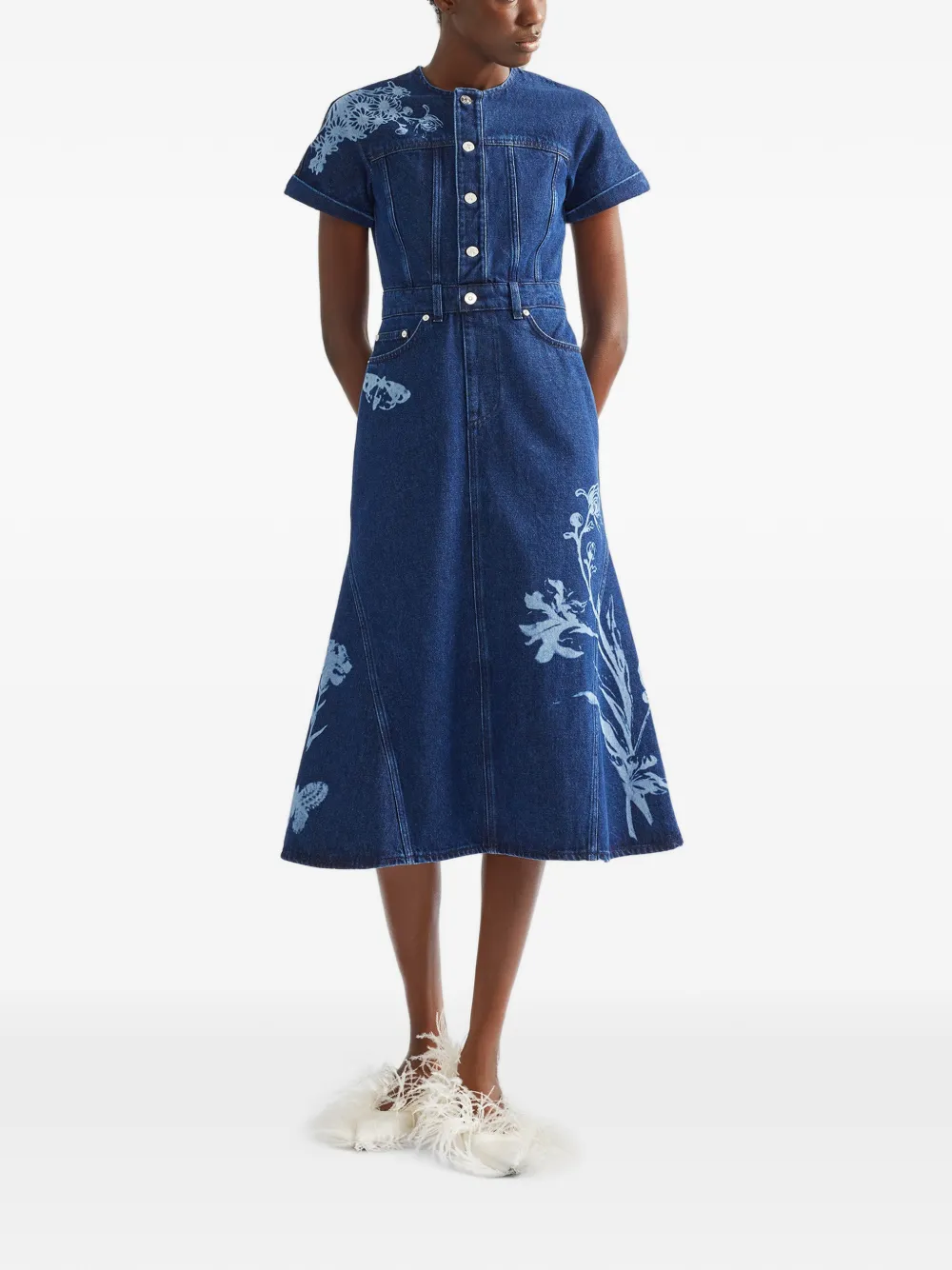 ERDEM floral-print short-sleeve midi dress Blauw