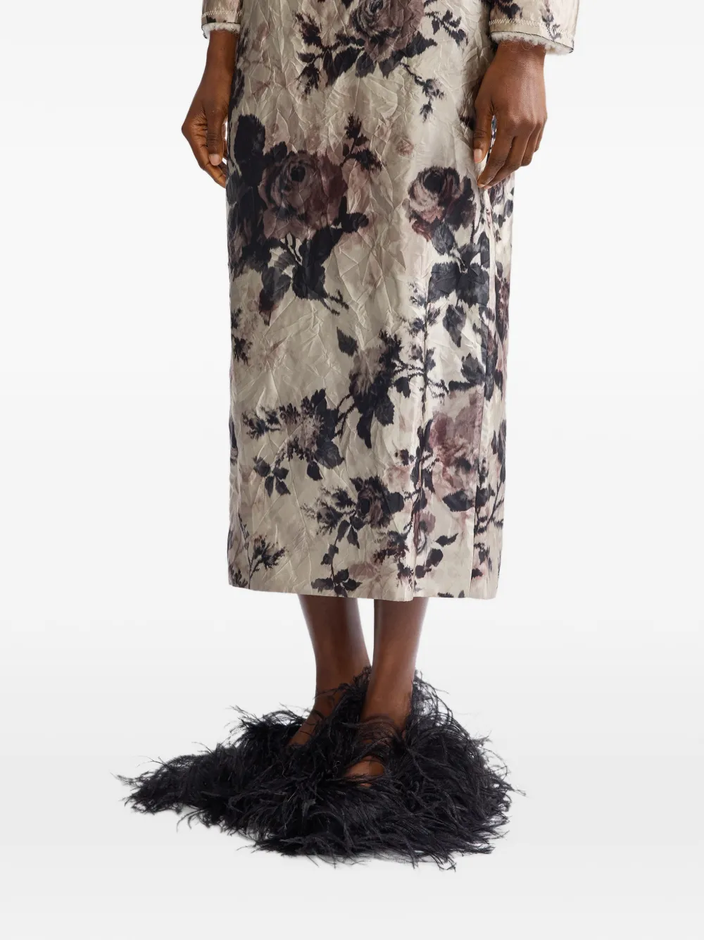 ERDEM floral-print crinkled midi skirt Beige