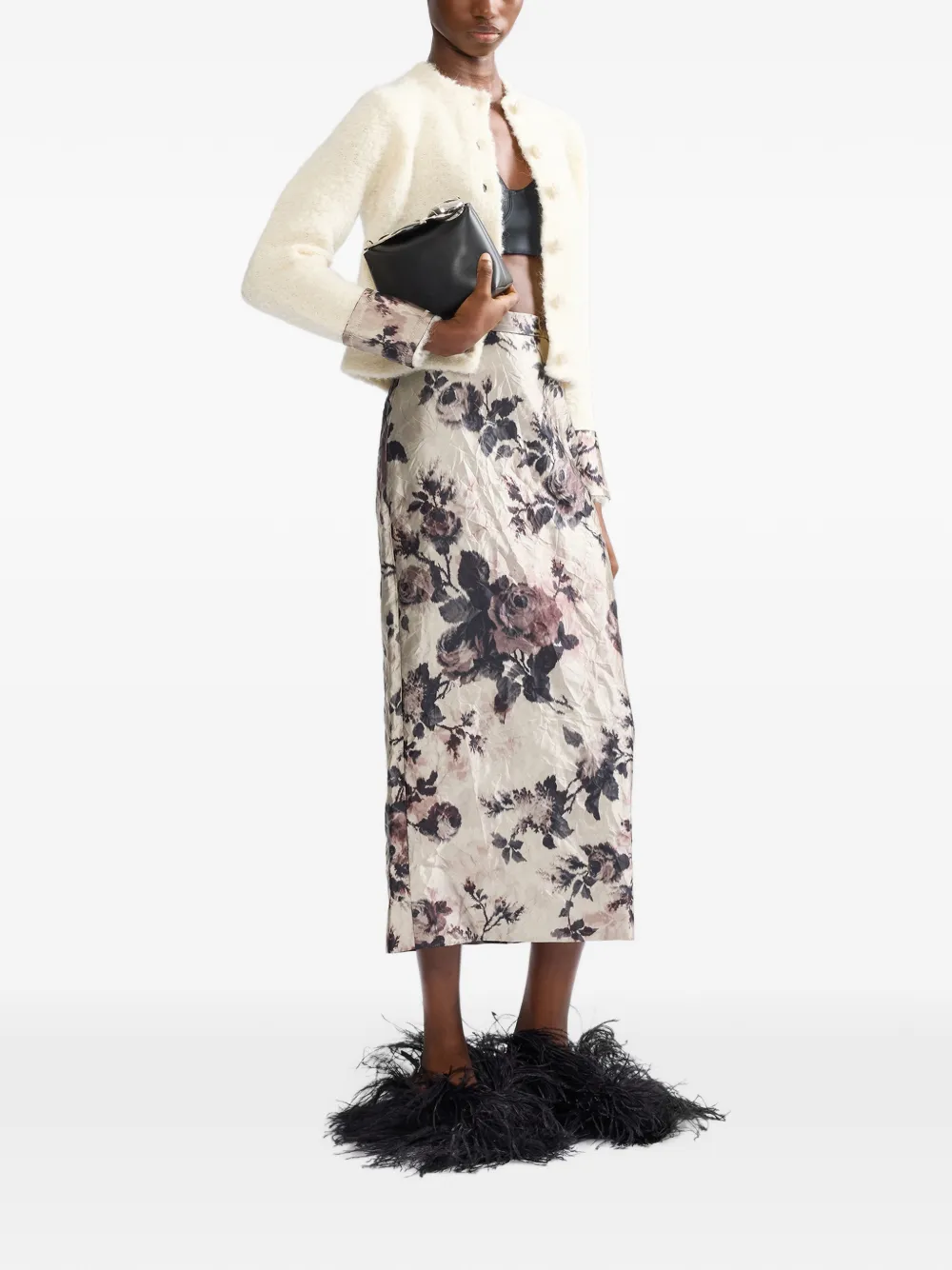 ERDEM floral-print crinkled midi skirt Beige