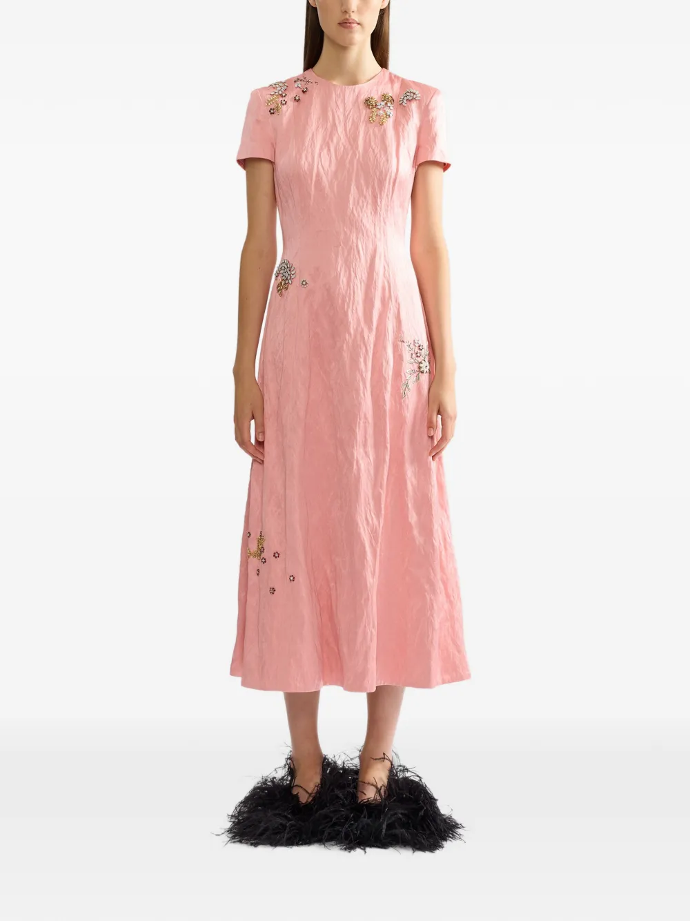 ERDEM floral-embroidery textured midi dress Roze