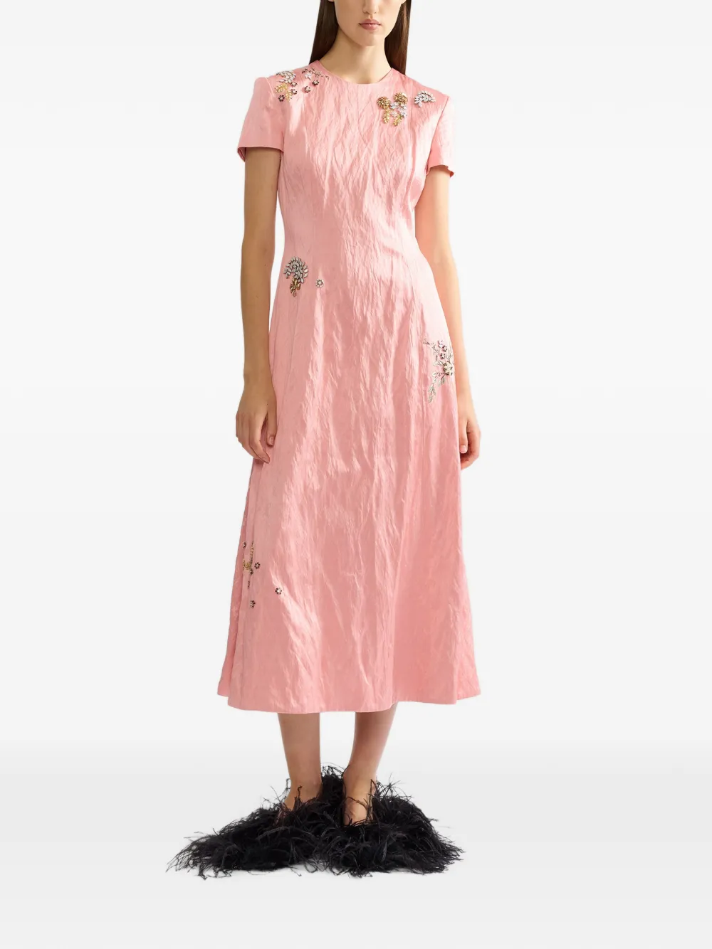 ERDEM floral-embroidery textured midi dress Roze